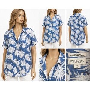 Rachel Zoe Paisley XXL Tropical Palm Leaf Button Up Shirt Blue White Resort Boho